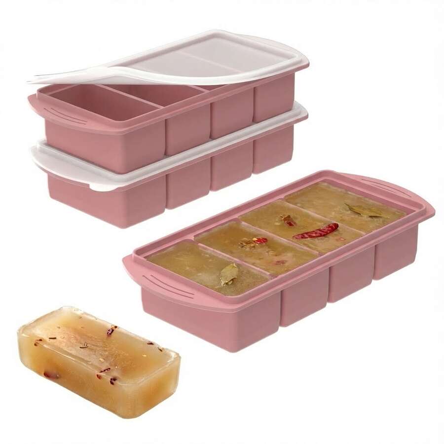 Silicone Freezer Trays With Lid, Food Storage Containers With Lids, Large Ice Cube Tray For Soup, Sauce & Leftovers, 1 Cup Meal Prep Containers With Easy Release, Freezer Storage, Oven & Dishwasher Friendly, 2-Pack - 藕粉色 - 查看 1