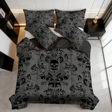2/3pcs Gothic Skull Floral Print Comforter Set (Twin, Full, Queen, King Sizes), 1 Comforter + 1/2 Pillowcases Breathable All Season, Keep Warm Soft Skin Friendly, Durable Machine Washable, Perfect Family Gift - 灰色 - 查看 1