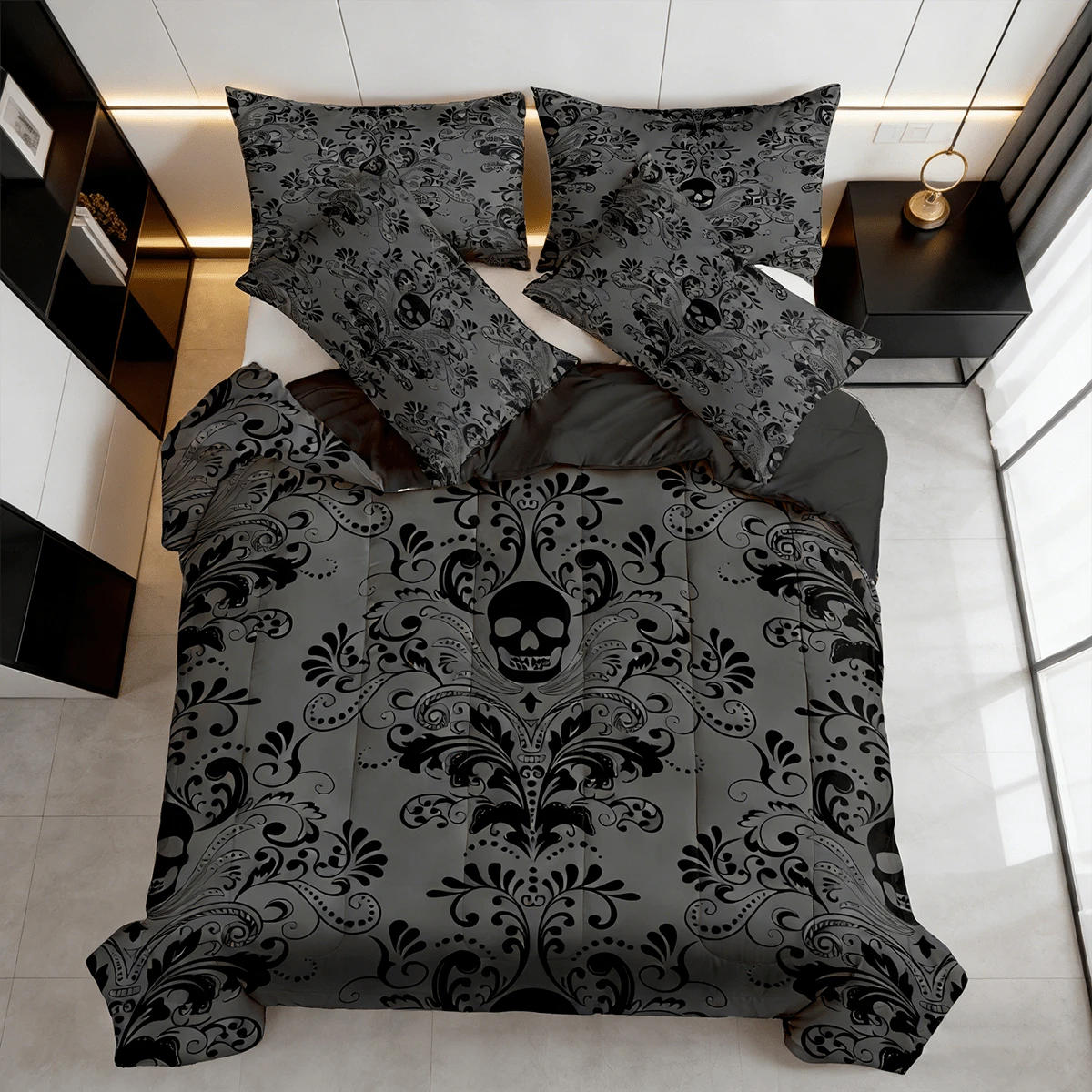 2/3pcs Gothic Skull Floral Print Comforter Set (Twin, Full, Queen, King Sizes), 1 Comforter + 1/2 Pillowcases Breathable All Season, Keep Warm Soft Skin Friendly, Durable Machine Washable, Perfect Family Gift - 灰色 - 查看 1