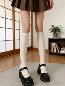 1/3双纯色针织过膝袜，简约学院风过膝袜，女士秋冬长袜 - 彩色 - 查看 1