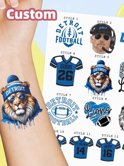 Custom Temporary Tattoos, Create Your Own Personalized Temporary Tattoos.Sports Team Temporary Tattoos, Detroit Tattoos, Lions Tattoos, Tattoo, Party Favors, Mascot Tattoo, Team Spirit Tattoo