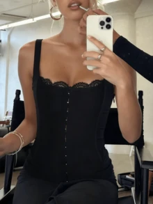 Women's Y2K Layered Lace Trim Boned Corset Top Wide Strap Side Zipper Sleeveless Overbust Going Out Camisole - 黑色 - 查看 3