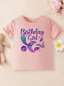 1件女童可爱T恤，印有标语和美人鱼尾巴图案，适合春秋季校服穿着 - 粉色 - 查看 3