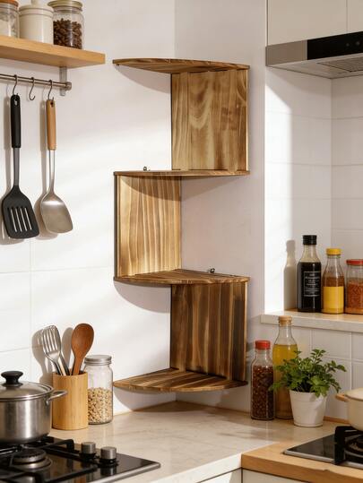 1 pieza Estantería de pared de esquina de color natural, ahorro de espacio, diseño minimalista vertical, organizador de almacenamiento, decoración moderna del hogar, diseño en zigzag con varios niveles, detalles de bordes lisos, solución de almacenamiento multinivel para organización de cocina, baño, sala de estar, dormitorio, entrada, apartamento, oficina y espacios pequeños