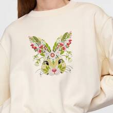 1 pieza Parche bordado de conejo con flores medianas, bordado hueco, parche de conejo pastoril, para planchar, adecuado para sudaderas, chaquetas, bolsos, decoración del hogar - Multicolor - Ver 7
