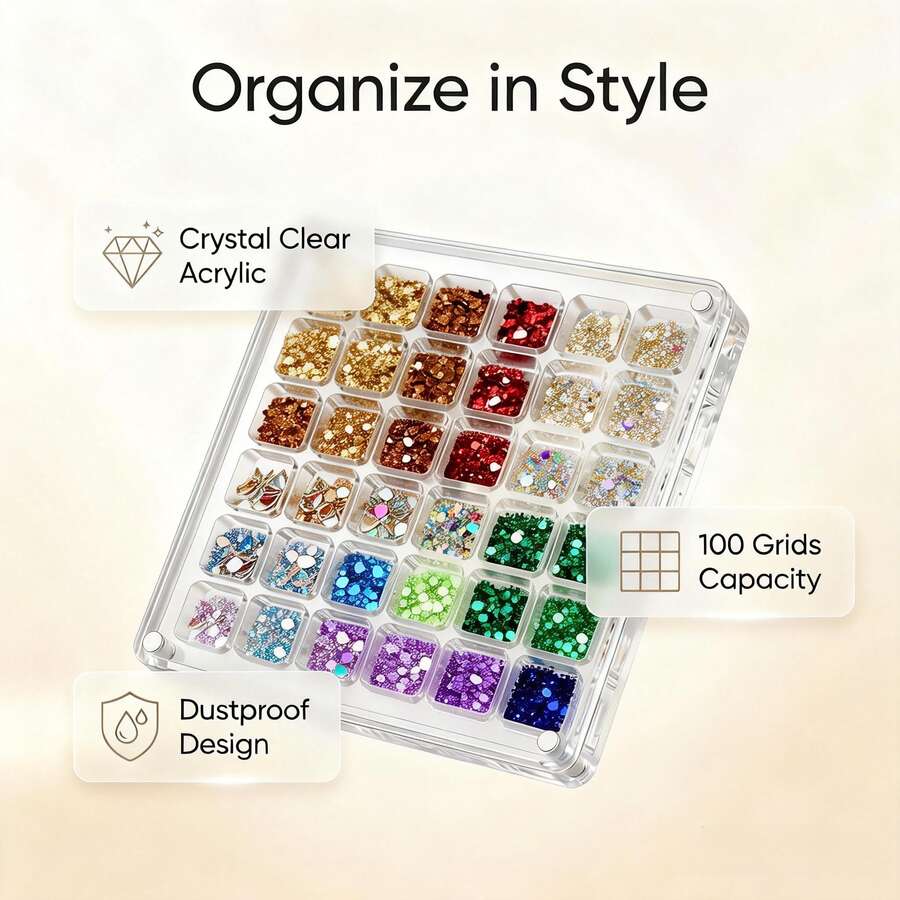 36/64/100 Slot Scatola Gioielli in Acrilico Trasparente, Scatola Portaoggetti per Anelli e Gemme, Scatola Organizer per Conchiglie, Perfetta per Conservare Paillettes, Brillantini e Fiori Secchi, Scatola Gioielli Ideale per Signore, Ottimo Regalo per Rientro a Scuola, Ringraziamento, Natale e Capodanno, Alla Moda e Pratica, Soluzione di Stoccaggio Perfetta per Hobbisti DIY e Appassionati di arte di unghie - Multicolore - Visualizzare 1