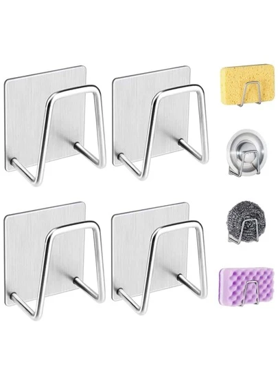 2 Stück Edelstahl Schwammhalter, selbstklebender Spülbecken Organizer Regal, bohrlochfreie rostfreie Wandhalterung Schwammhaken für Küchenspüle, Badezimmer Aufbewahrungsregal (Silber)