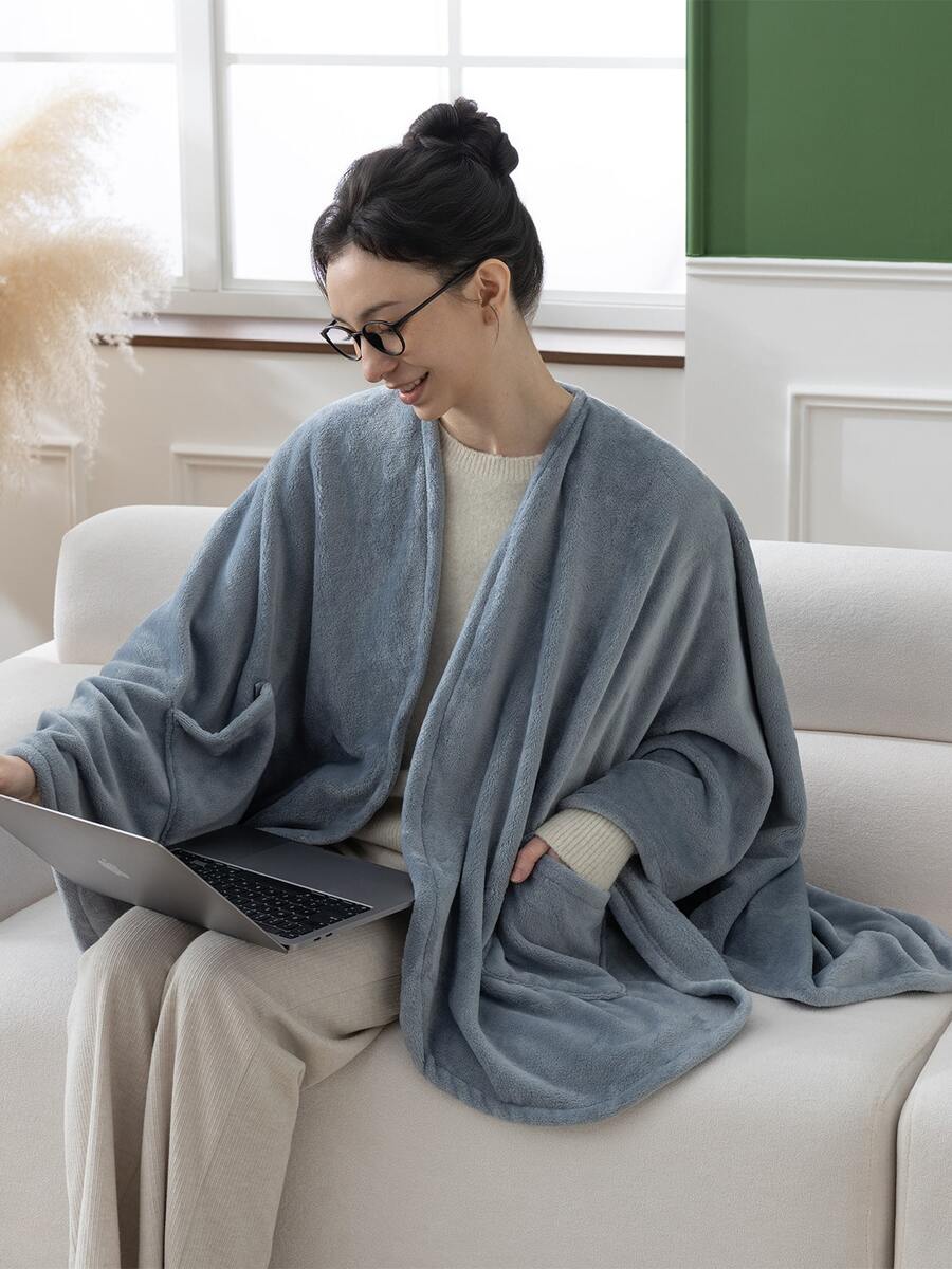 Velvetloft Wearable Throw Blanket - Ultra Soft Fleece With Pockets, Cozy Oversized Wrap For Home Office Travel - Pháo đài Xanh - Xem 1
