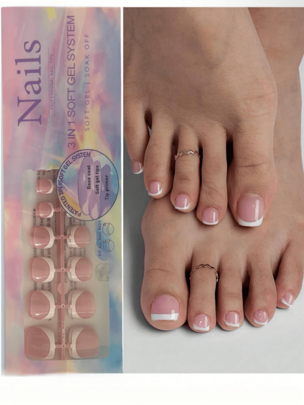 120片法式短款脚趾甲贴纸 - 粉色软胶脚趾甲贴，可重复使用按压式脚趾甲贴纸，女士美甲用品