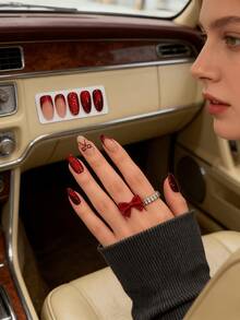 2 Hands Complete Manicure Set Featuring Deep Red Magnetic Cat Eye Nail Strips With Delicate Bow Accents – Easy Apply & Detachable Faux Nails For Daily Wear, Prom, Cocktail Parties, Anniversary Celebrations, And Festive Gatherings – Versatile European Style Press-On Nails Ideal As A Valentine's Day Gift For Her, Students, Or Working Professionals - Nhiều màu - Xem 8