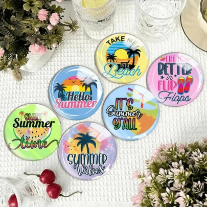 Round Coasters With Summer Beach Theme, Featuring Beach, Palm Trees, Flip Flops And Other Summer Elements, Vibrant Colors With Strong Visual Impact, Conveying Vitality And Relaxation