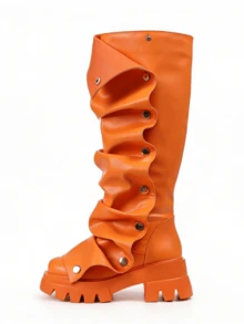 Women Mid Calf Boots Platform Heels Ruch Boots Knee High Fold Over Chunky Heel Short Booties Round Toe Wide Calf Pull-On Shark Boots Daily Party Y2K Dress Boots For Woman - Cam A - Xem 6