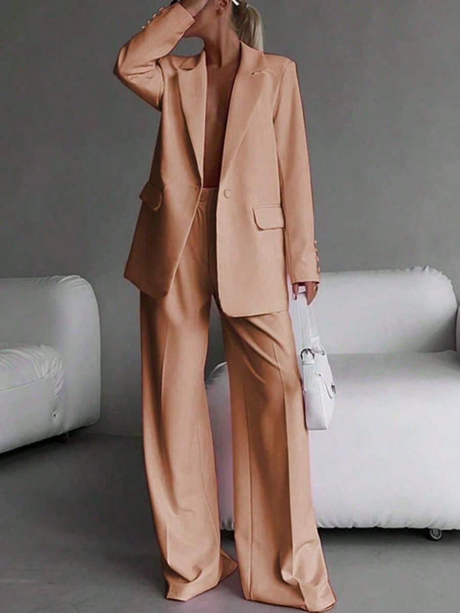 Elegant Business Casual Two-Piece Suit, Single Button Lapel Suit Jacket And Slim Fit Pants, Women's Clothing - Màu Hồng Dưa hấu - Xem 1