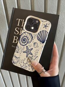 1pc White Retro Blue Line Starfish Shell Minimalist Full Coverage TPU Shockproof Phone Case Compatible With Apple 17, 16, 15, 14, 13, 12, 11 Pro Max, Air, Series - Multicolor - View 3