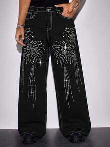 1Pc New American-Style Fashionable Firework Rhinestone Baggy Wide-Leg Black Jeans, Japanese Korean Fashion Firework Rhinestone Wide-Leg Jeans ( Not Include Belt And Accessories) - Black - View 3