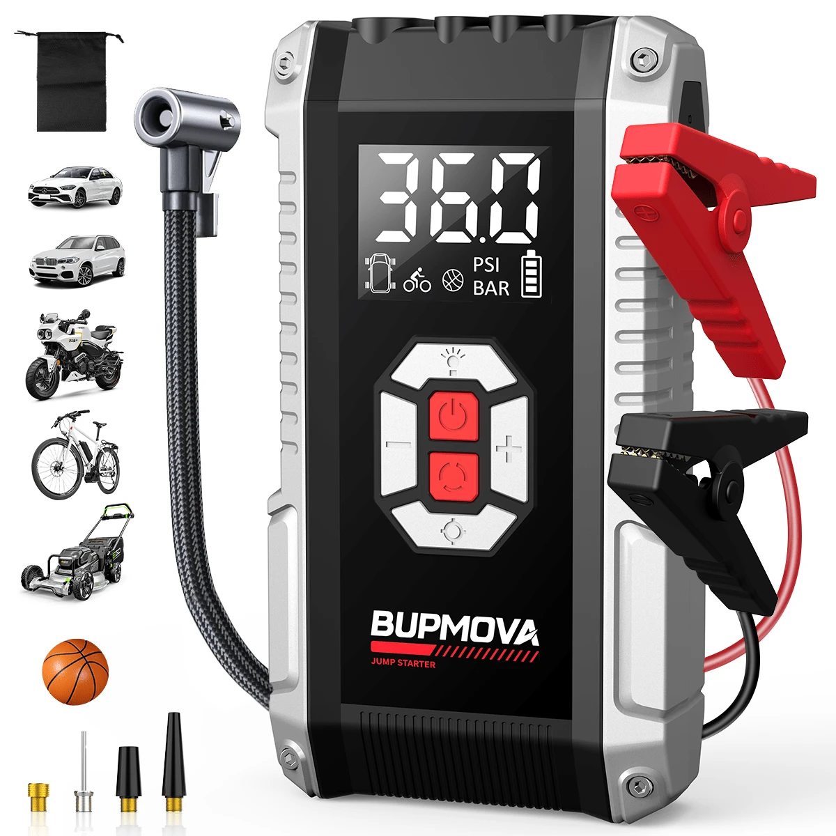 BUPMOVA Jump Starter With Air Compressor, 8000A 150PSI Portable Car Battery Jump Starter (All Gas/10.0L ), Jump Box Portable Jumper Cables LCD Display, 2 Lights - 黑色 - 查看 1