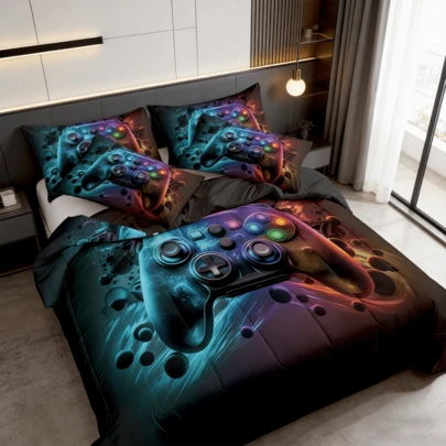 2/3pcs Game Controller Print Bed Comforter Sets (Twin, Full, Queen, King Sizes), 1 Comforter + 1/2 Pillowcases Breathable All Season, Keep Warm Soft Skin Friendly, Durable Machine Washable, Perfect Family Gift