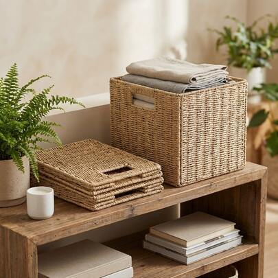 6-Piece Set, Woven Storage Basket, Home Autumn Decorations, Basket, Christmas Gift Basket, Woven Basket For Home Decoration And Storage, Paper Rope Woven Basket With Handle, Small Woven Decorative Basket, Decorative Gift Basket, Storage Basket, Ramadan Festival