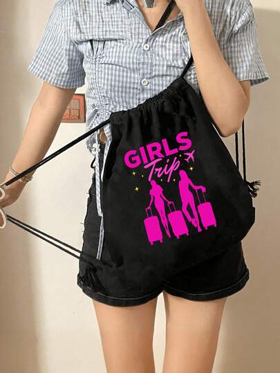 "Girls Trip" Print Women'S Backpacks And Makeup Bags, Including Drawstring Backpacks, Reusable Cosmetic Bags, Casual Foldable Shoulder Bags With Fixed Straps And Seals, Drawstring Fitness Bags, Large Capacity Bags, Multi-Functional Drawstring Bags, Multiple Pockets, Grocery And Travel Bags, Suitable For Travel, Toiletries, Suitable For Travelers, Group Travel, Women, Students, Gyms, Perfect Choices For Vacations, Girls Trips
