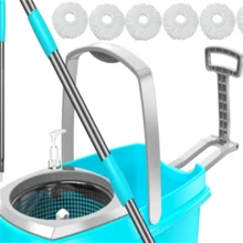 Spin Mop And Bucket,Mop And Bucket With Wringer Set For Home,360 Spinning Mopping Floor Cleaning Tool With 6 Microfiber Replacement Head Refills,61" Extended Handle, 2X Wheel - Blue - A - 查看 4