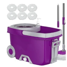 Mopa giratoria y cubo con compartimentos, juego de mopa y cubo con escurridor, mopa giratoria 360° para limpieza de pisos con 6 cabezales de microfibra de repuesto, mango extendido de 61", 2 ruedas - A - Ver 2