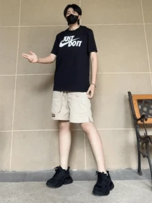 Nike Sportswear Just Do It Retro American Style Letter Breathable Print Crew Neck Short Sleeve T-Shirt, Black - 橘色 - 查看 8