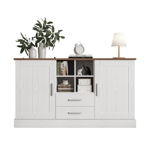 Side Cabinet Dimensions: 140 X 40 X 79.5 Cm, White-Brown Wood Grain - 2 Doors, 2 Drawers