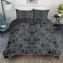 2/3pcs Gothic Skull Floral Print Comforter Set (Twin, Full, Queen, King Sizes), 1 Comforter + 1/2 Pillowcases Breathable All Season, Keep Warm Soft Skin Friendly, Durable Machine Washable, Perfect Family Gift - 灰色 - 查看 5