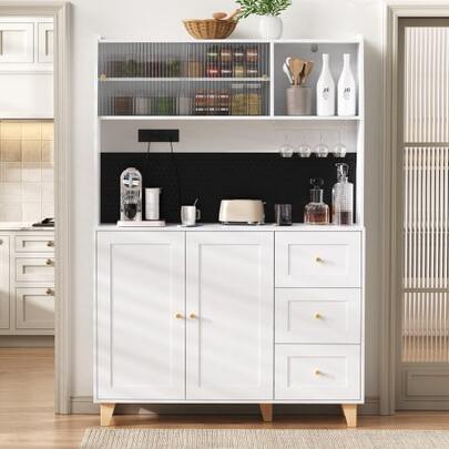 Tall Cabinet With Sockets And Perforated Plates, Bar Cabinet With Door - Wine Glasses And Racks, Kitchen Cabinet With Drawers, Ideal For The Kitchen And Dining Room (White)