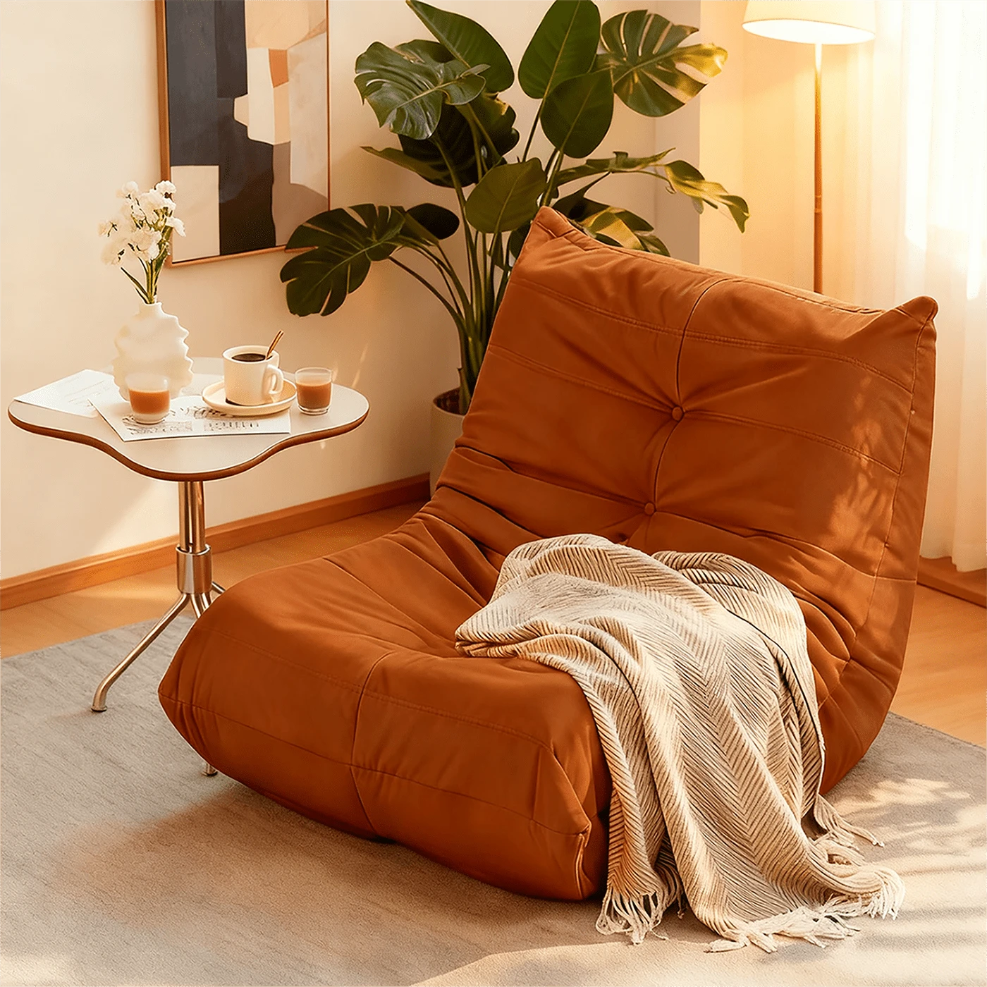 Corduroy Single Sofa Chair, Bean Bag Chair, Living Room Lazy Sofa. Soft And Comfortable Caterpillar Design With Ergonomic Construction. Sleek Armless Style Featuring Elegant Button Detailing. High-Density Memory Foam Filling. Non-Slip Base. No Assembly Required. Suitable For Living Rooms, Bedrooms, And Apartments(Orange). - 橘色 - 查看 1