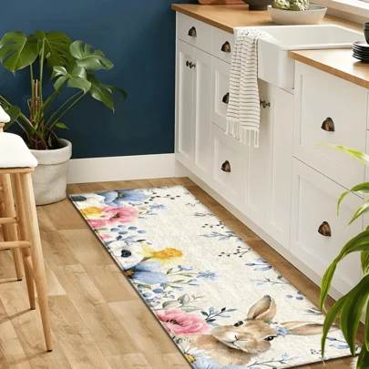 1 pieza Felpudo con estampado de conejo, decoración de Pascua, regalo de Pascua, material similar a la felpa, absorbente y fácil de limpiar, adecuado para decoración del hogar, estilo rústico, entrada, interior, habitación, cocina, comedor, oficina pequeña/oficina en casa, fregadero, lavandería, felpudo, alfombra de cocina, alfombra antideslizante