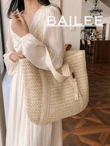 BAILEE 1件装时尚新款休闲夏季度假风大容量便携纯色纸编织拉链手提包，配有木珠和流苏吊坠，适合户外休闲、海滩旅行、购物和日常通勤。 - 米色 - 查看 7