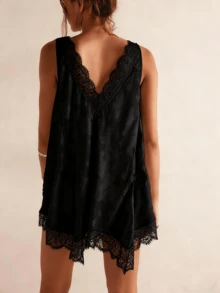 Women Summer Casual Sleeveless Vest Stylish V Neck Floral Lace Trimmed Tops - 黑色 - 查看 2