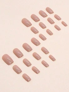 米色按压式美甲贴片，短方形人造指甲，裸粉色人造指甲，纯色设计，亚克力指甲油，指甲胶水，人造指甲贴纸，指甲，指甲，指甲，24片装 - 彩色 - 查看 2