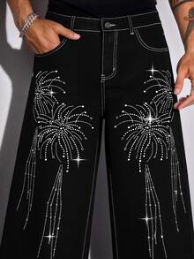 1Pc New American-Style Fashionable Firework Rhinestone Baggy Wide-Leg Black Jeans, Japanese Korean Fashion Firework Rhinestone Wide-Leg Jeans ( Not Include Belt And Accessories) - Black - View 4