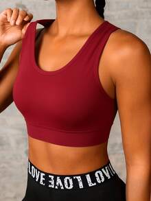 High Intensity Seamless Sports Bra, Mesh Splice High Elasticity Workout Vest, Racerback Round Neck Breathable Yoga Bra - Burgundy - View 6