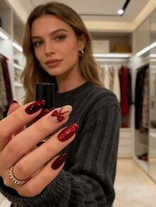 2 Hands Complete Manicure Set Featuring Deep Red Magnetic Cat Eye Nail Strips With Delicate Bow Accents – Easy Apply & Detachable Faux Nails For Daily Wear, Prom, Cocktail Parties, Anniversary Celebrations, And Festive Gatherings – Versatile European Style Press-On Nails Ideal As A Valentine's Day Gift For Her, Students, Or Working Professionals - Nhiều màu - Xem 4