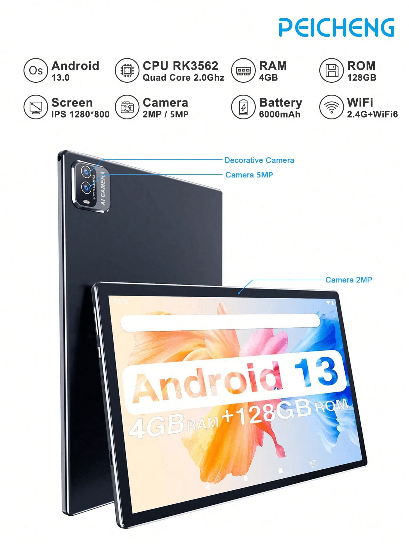 PEICHENG CP20 Pro WIFI平板电脑,Android 13系统,RK3562四核2.0GHz处理器/4GB内存+128GB存储空间/2MP+5MP双摄像头/10.1英寸IPS全高清显示屏/6000mAh电池,适用于在线课程、阅读/支持1TB TF卡扩展(不含适配器) - 黑色 - 查看 1
