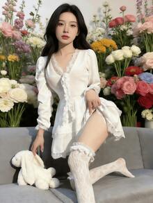1/2雙黑白性感過膝襪，甜美蘿莉塔風格蝴蝶結女襪，哥德龐克蕾絲網眼過膝襪，適合送給朋友或愛人的完美聖誕禮物，舒適保暖 - 黑與白 - 查看 6