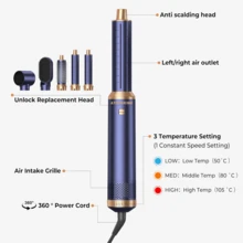 ATOPSKINS 2026 Upgraded 5-In-1 Professional Hair Dryer Styling Set | 3 Heat Settings + 5 Detachable Styling Heads | Auto Curling | Curl/Wave/Straight/Smooth/Volume/Inward/Outward Curl | Suitable For Christmas, Valentine's Day, Carnival, St. Patrick's Day Gifts | Rose Gold/Black Gold/Blue Gold | Suitable For Home Styling, Commuting Touch-Up, Date Party, Travel Essential - Blue - View 6