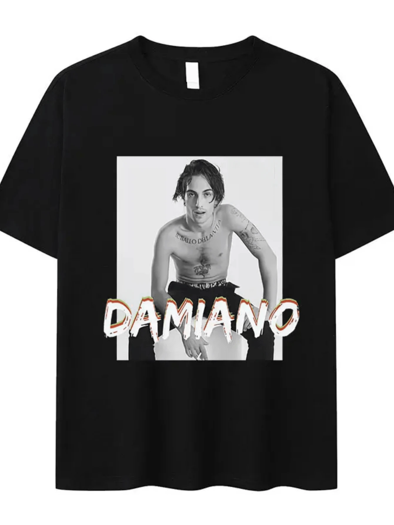 Singer Damiano David T-Shirt Double-Sided Printed Hip-Hop T-Shirt For Men And Women, Pure Cotton Streetwear T-Shirt - 黑色31 - 查看 1