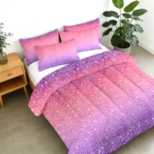 2/3pcs Pink Blue Purple Ombre Glitter Print Bed Comforter Sets, Twin Full Queen King Sizes, 1 Comforter + 1/2 Pillowcases, Soft Skin-Friendly Breathable All Season, Durable Machine Washable, Perfect Family Gift - 淡紫色 - 查看 1