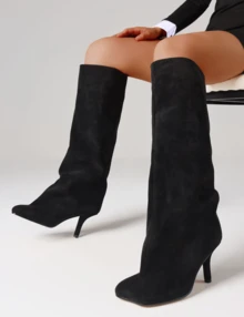 Women's Knee High Boots Wide Calf Square Toe Stiletto Heels Tall Boots Pull On Kitten High Heel Long Fashion Casual Cute Y2K Booties - 黑色 - 查看 5