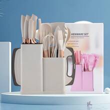 17+2-Piece Silicone Kitchenware Set With Storage Bucket, Cutlery, Knives, Wooden Handles, Daily Kitchenware, Vegetable And Meat Cutting Board Included. - White - View 3