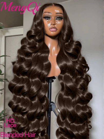 34 Inch Brown 13x6 13x4 5x5 Mixed Hair Density 200% Wavy Lace Front Wig, Brazilian Human Hair Blend Lace Front High Density Wig #4, Suitable For Party, Travel, Birthday, Cosplay, Graduation, Wedding