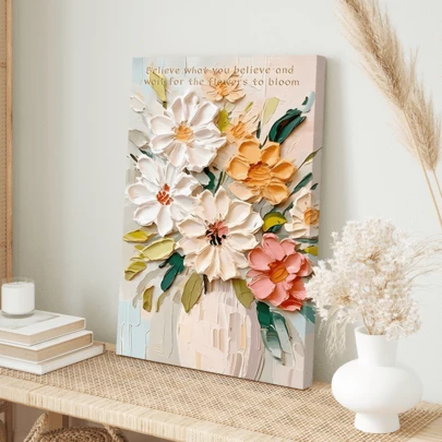 1幅花卉帆布艺术印刷品 - 现代装饰艺术风格，高端抽象花卉墙画，适用于客厅、卧室、家庭办公室 - 竖版室内/室外海报，墙画，带框帆布墙画（可选画框）