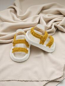 1 Pair Handmade Crochet Infant Sandals, Yellow Double Strap Design, White Sole, Infant Shoes - Yellow - View 6