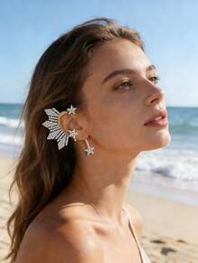 2pcs Silver Sunflower & Star Rhinestone Ear Cuffs, Earlobe Clip-On Earrings For Weddings, Parties, Music Festivals - Silver - View 5