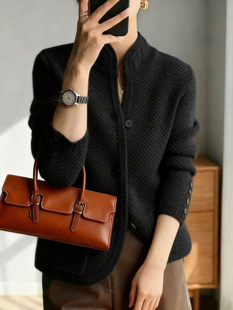 秋冬新款时尚女士优雅宽松通勤衬衫，美利奴羊毛复古针织开衫毛衣外套，黑色 - 黑色 - 查看 1