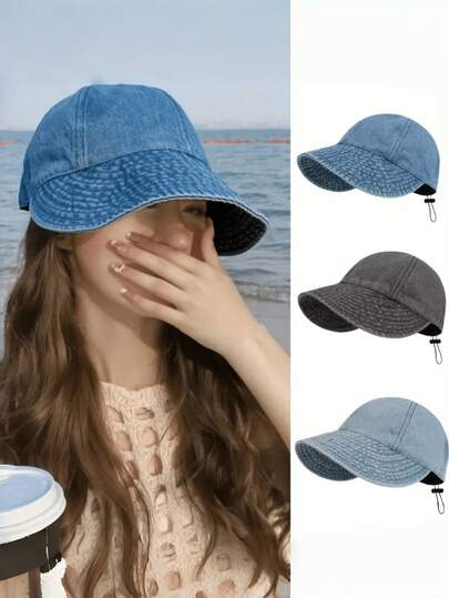 1顶女士复古棒球帽，带抽绳，可调节牛仔布渔夫帽，适合户外防晒、轻便垂钓、跑步、网球和高尔夫等活动。